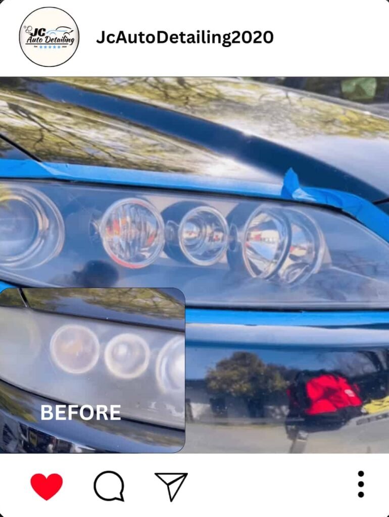 A before-and-after image of a car's headlights. The left side shows the headlights before detailing, with cloudy lenses. The right side shows the headlights after detailing, with clear lenses.